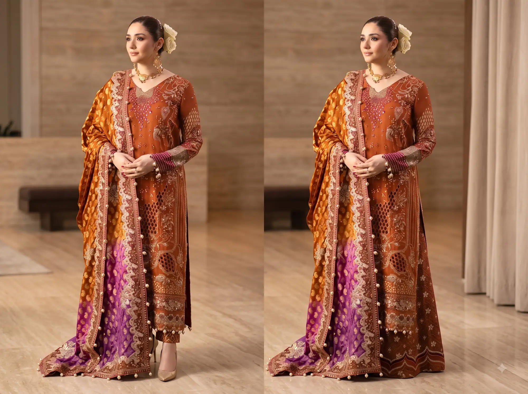 Nureh Jhoomro NL-94 Amania embroidered chiffon formal Pakistani suit styled for an elegant occasion