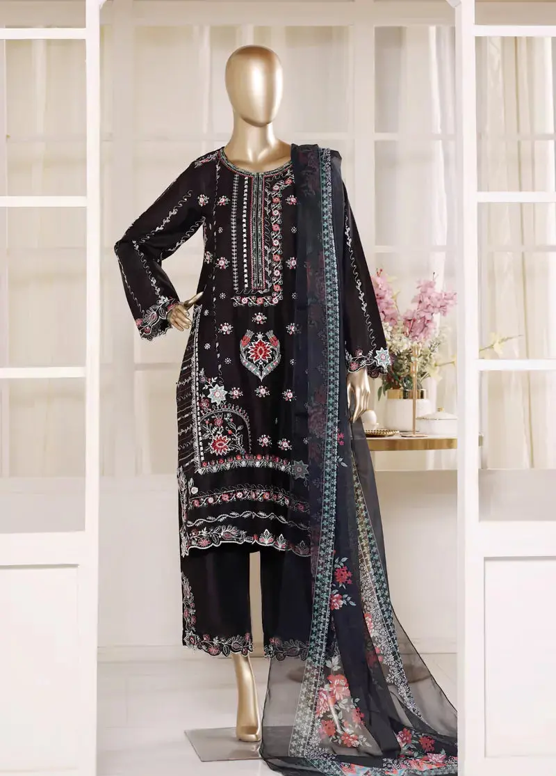 3 Piece Black Color Embroidered Lawn Shirt With Embroidered Trouser & Dupatta