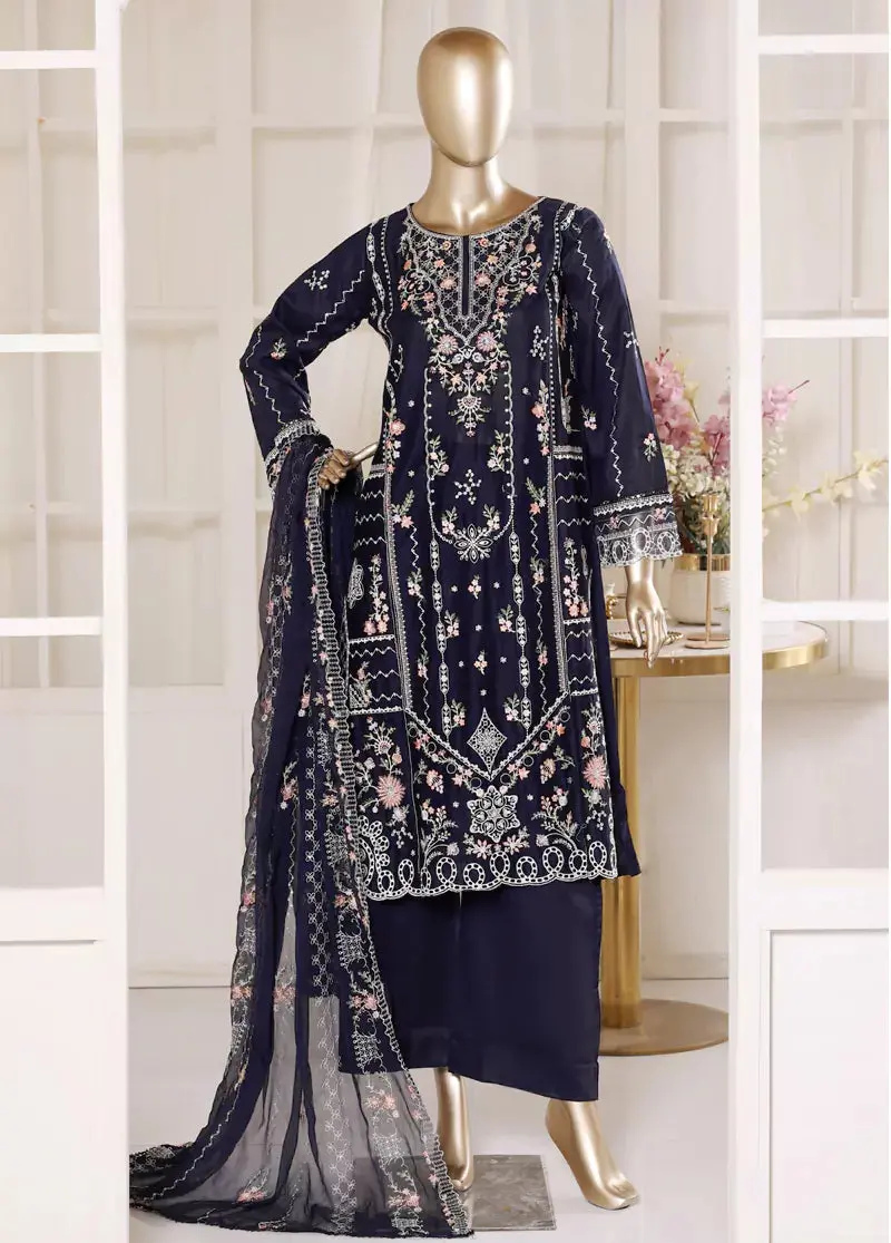 3 Piece Blue Color Embroidered Lawn Shirt With Trouser & Embroidered Dupatta
