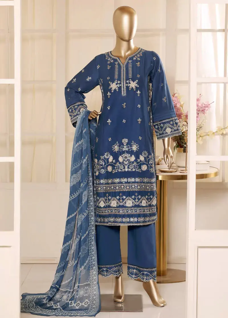 3 Piece Blue Color Embroidered Lawn Shirt With Embroidered Trouser & Dupatta