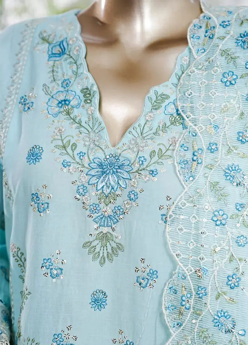 3 Piece Aqua Blue Color Embroidered Lawn Shirt With Trouser & Embroidered Dupatta