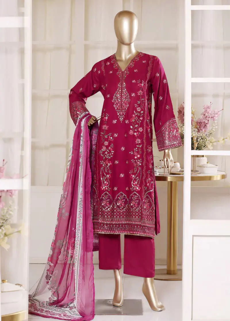 3 Piece Shocking Pink Color Embroidered Lawn Shirt With Trouser & Dupatta