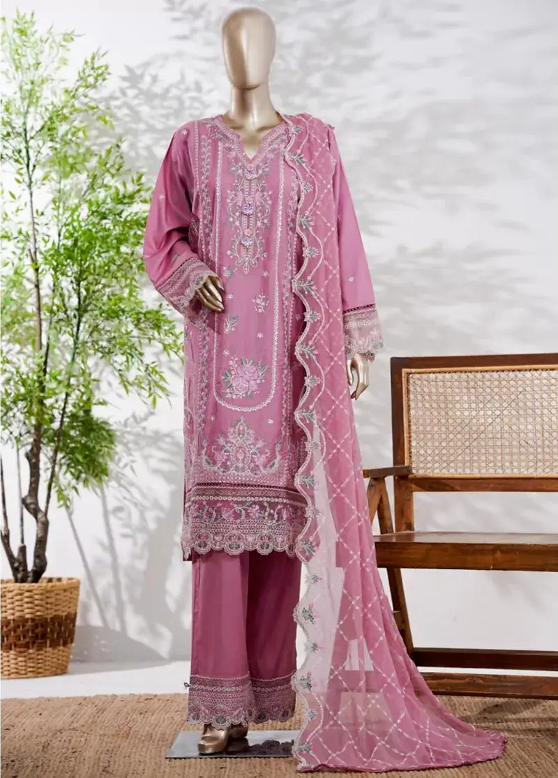 3 Piece Muave Color Embroidered Lawn Shirt With Embroidered Trouser & Dupatta