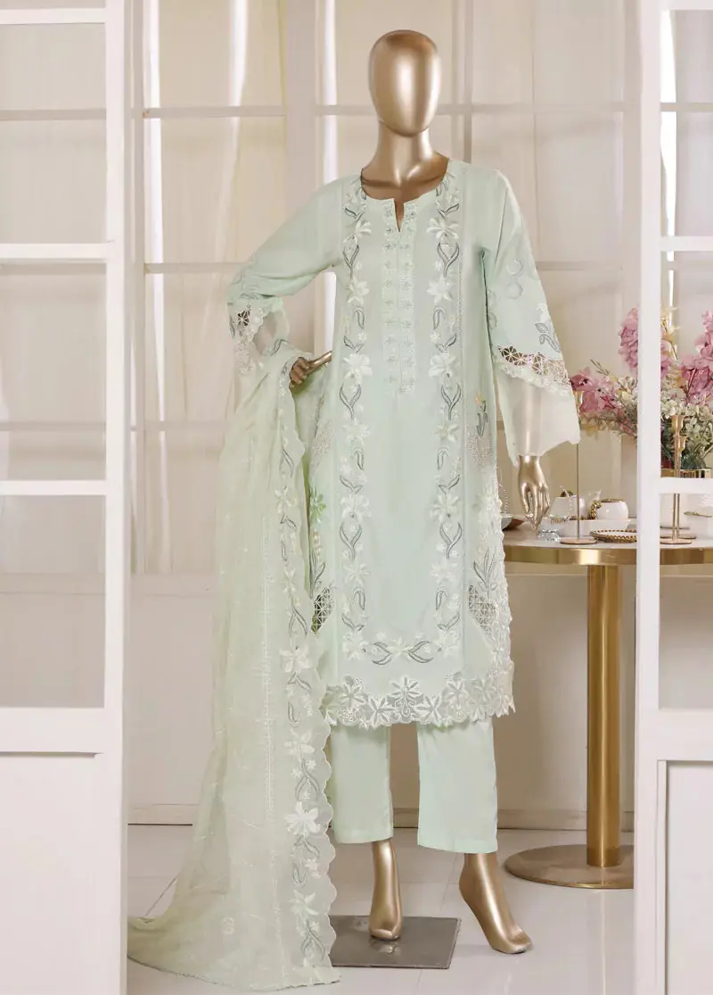 3 Piece Pastel Green Color Embroidered Lawn Shirt With Trouser & Embroidered Dupatta