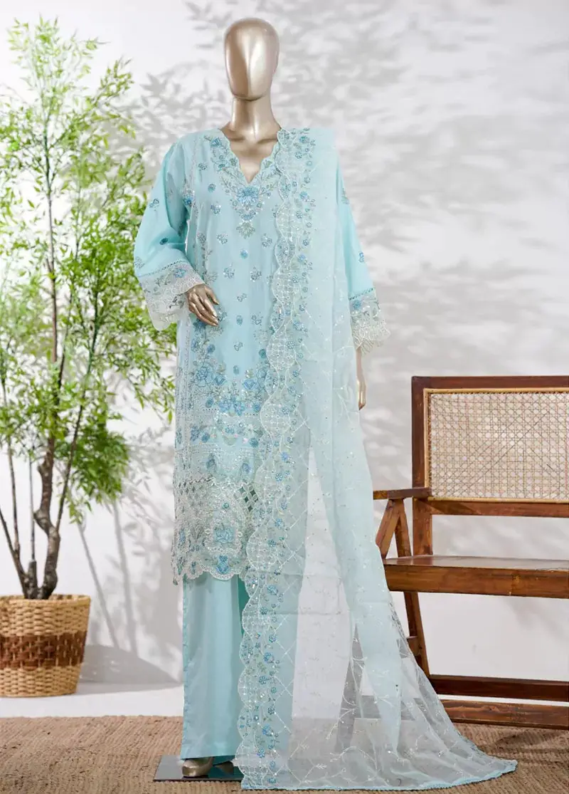 3 Piece Aqua Blue Color Embroidered Lawn Shirt With Trouser & Embroidered Dupatta
