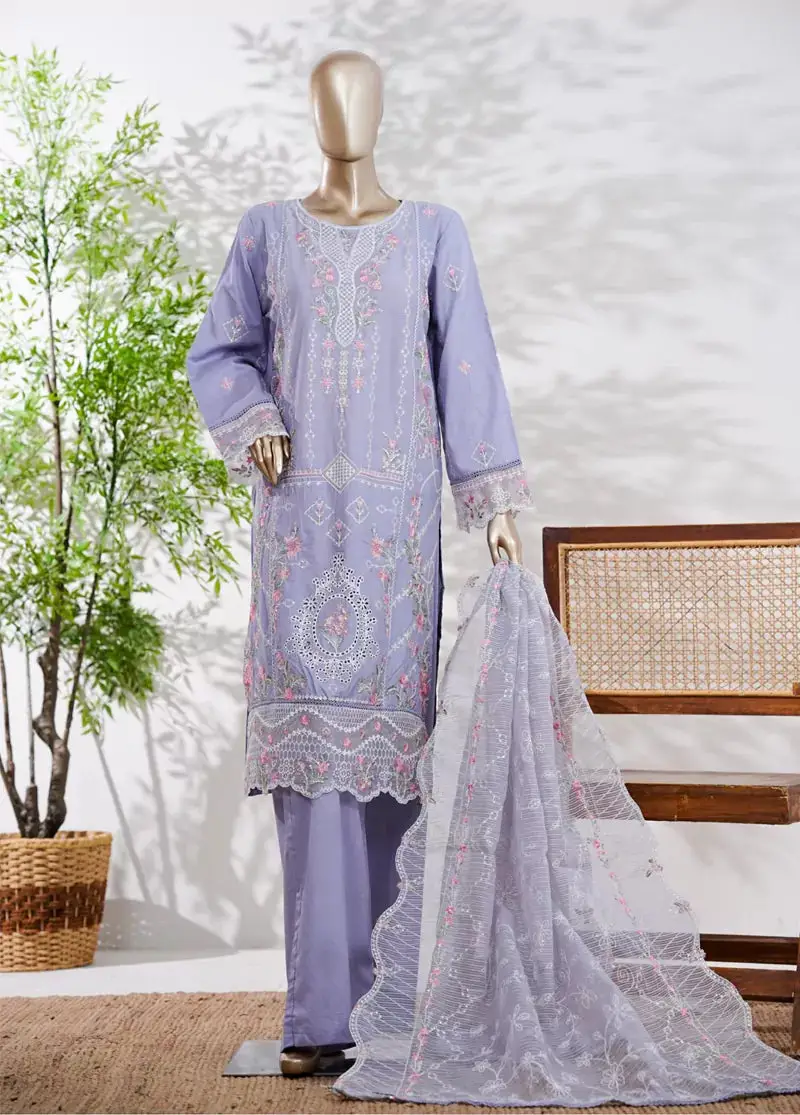 3 Piece Lilac Color Embroidered Lawn Shirt With Trouser & Embroidered Dupatta