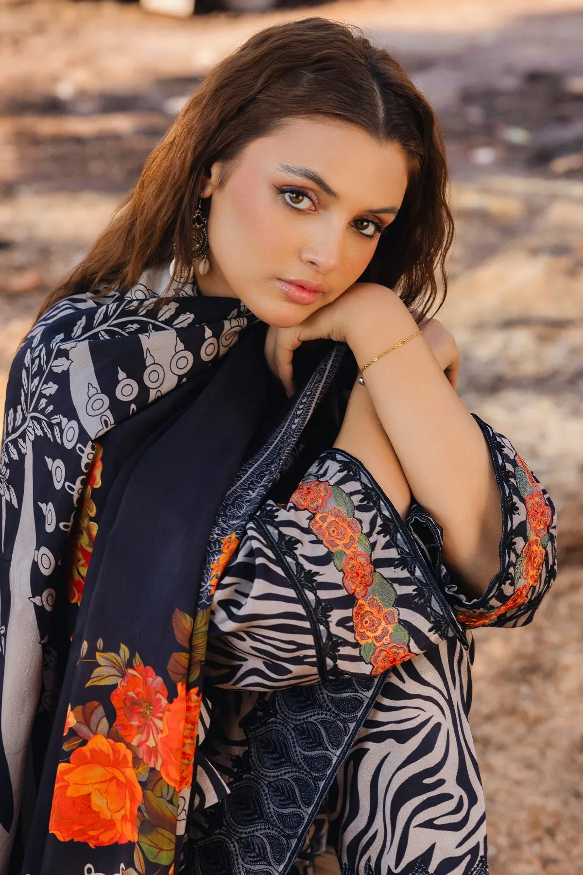 3-PC EMBROIDERED STAPLE SHIRT WITH STAPLE SHAWL ANW4-03P